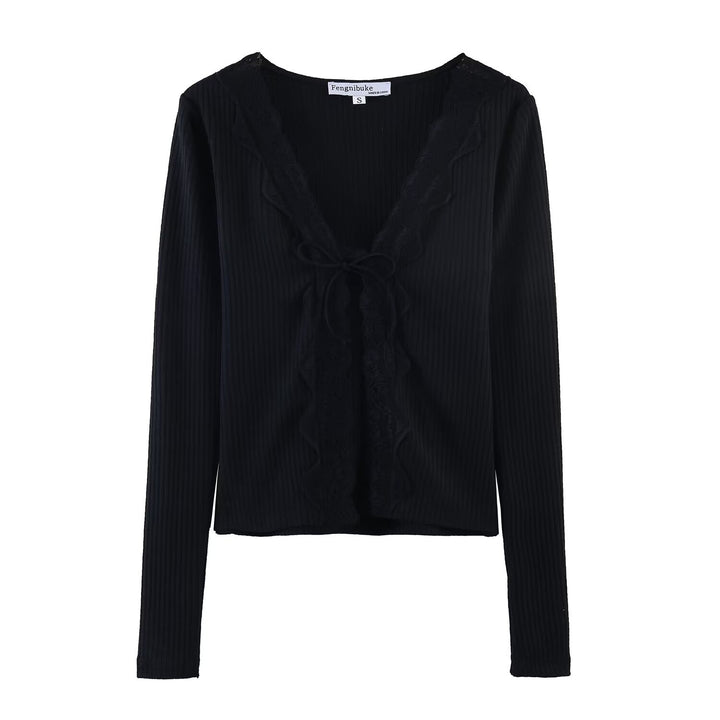Damen Geripptes Cropped-Langarmtop mit Spitzen-V-Ausschnitt und Bindeband Echoarchiv
