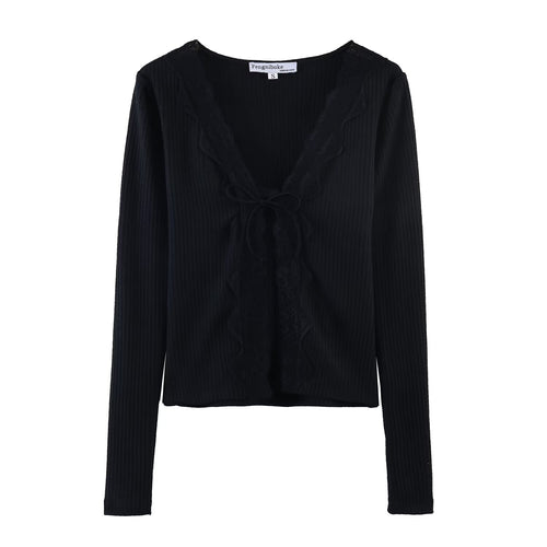 Damen Geripptes Cropped-Langarmtop mit Spitzen-V-Ausschnitt und Bindeband Echoarchiv