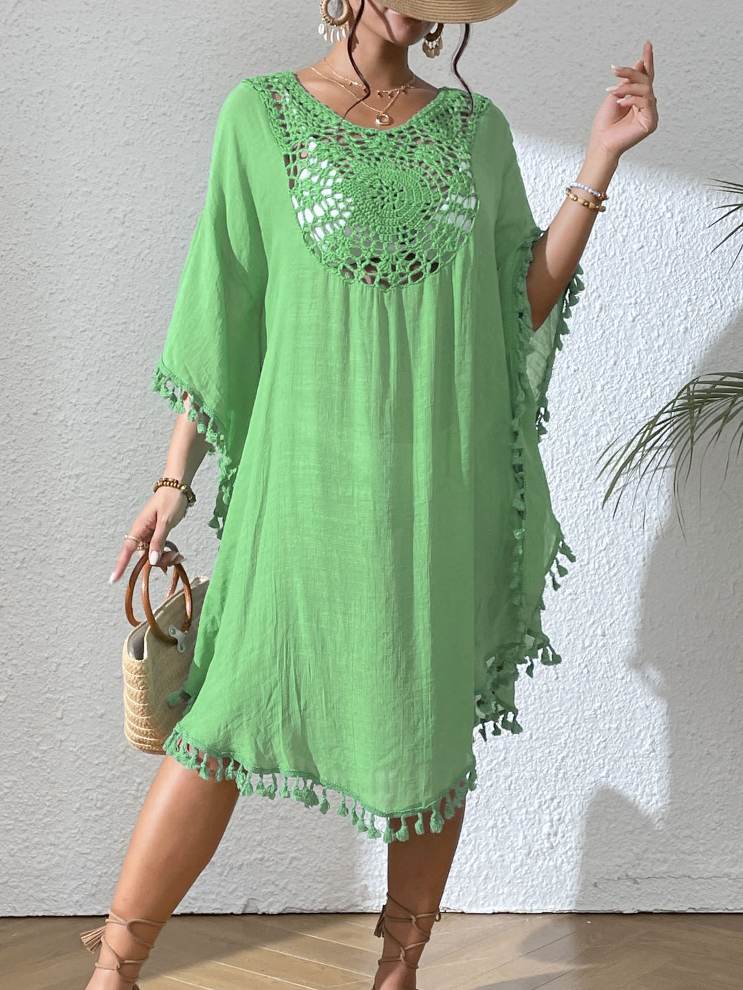Damen Strandtunika mit elegantem Häkelmuster und fransigen Details Echo Archiv