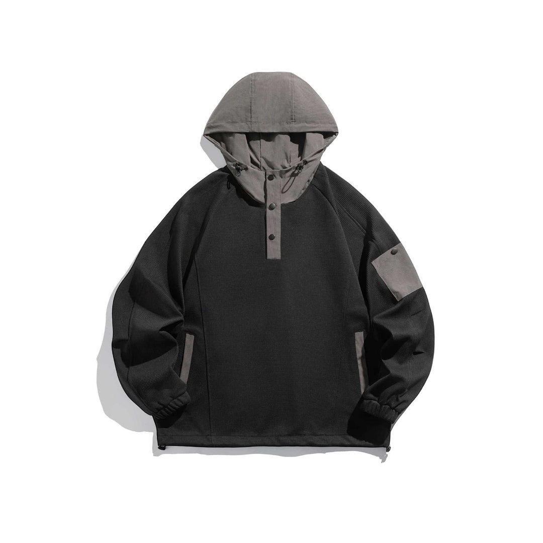 Unisex Oversize Kapuzen-Anorak-Pullover mit halber Druckknopfleiste, Utility-Ärmeltasche und Thermostruktur Echoarchiv