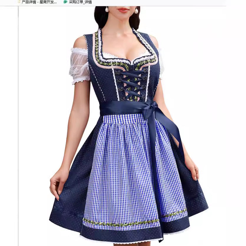 Damen traditionelles Dirndlkleid mit Spitzenärmeln Miederkorsage und geraffter Schürze – Élara