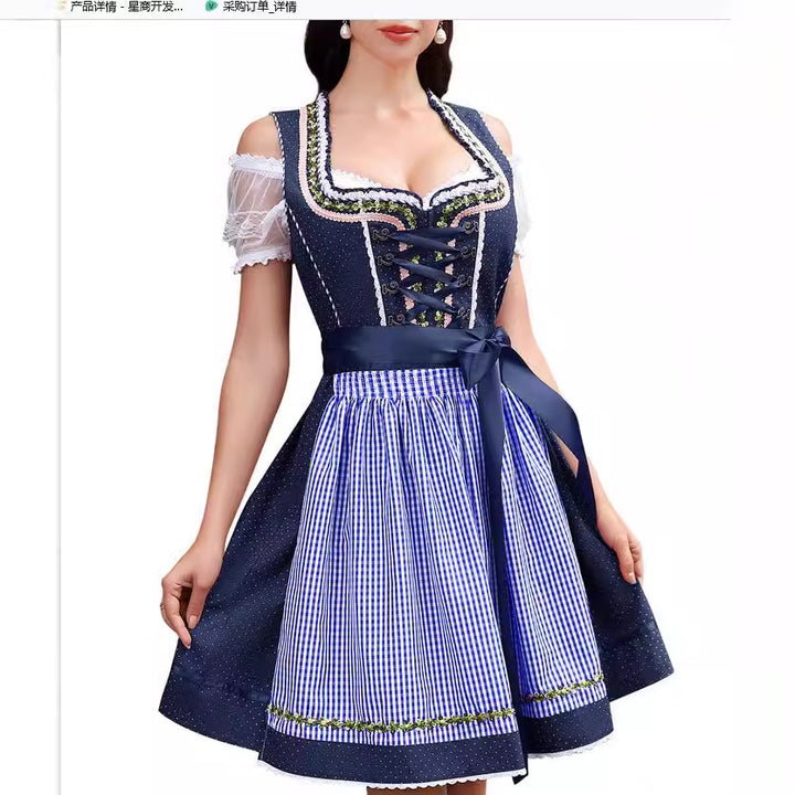 Damen traditionelles Dirndlkleid mit Spitzenärmeln Miederkorsage und geraffter Schürze – Élara