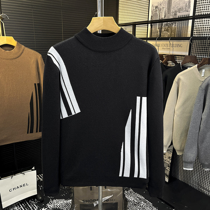 Herren Feinstrick-Pullover mit kurzem Stehkragen und geometrischem Intarsia-Design Echoarchiv