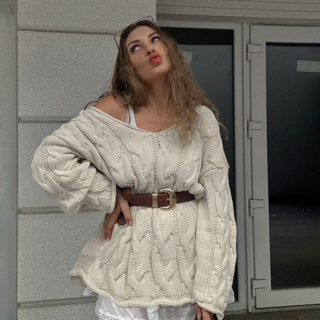 Damen nan lässiger Oversize-Strickpullover mit Zopfmuster und weitem V-Ausschnitt Echo Archiv