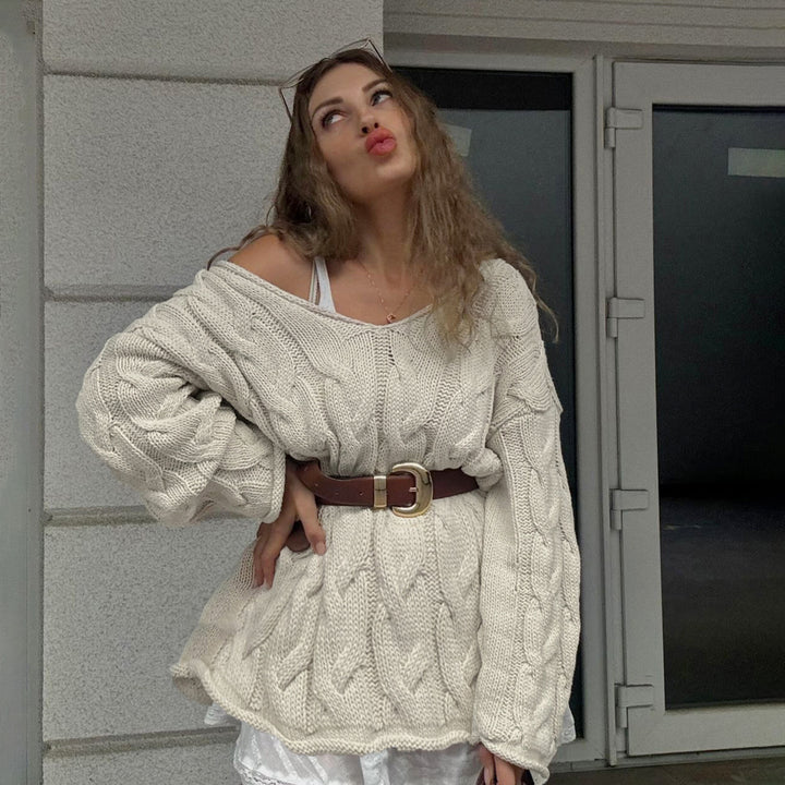 Damen nan lässiger Oversize-Strickpullover mit Zopfmuster und weitem V-Ausschnitt Echo Archiv