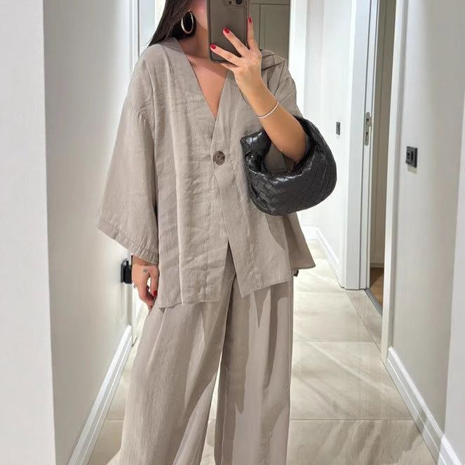 Damen nan entspanntes Zweiteiler-Leinenensemble mit kimonoartiger Oversize-Jacke und weiter Palazzohose Echo Archiv