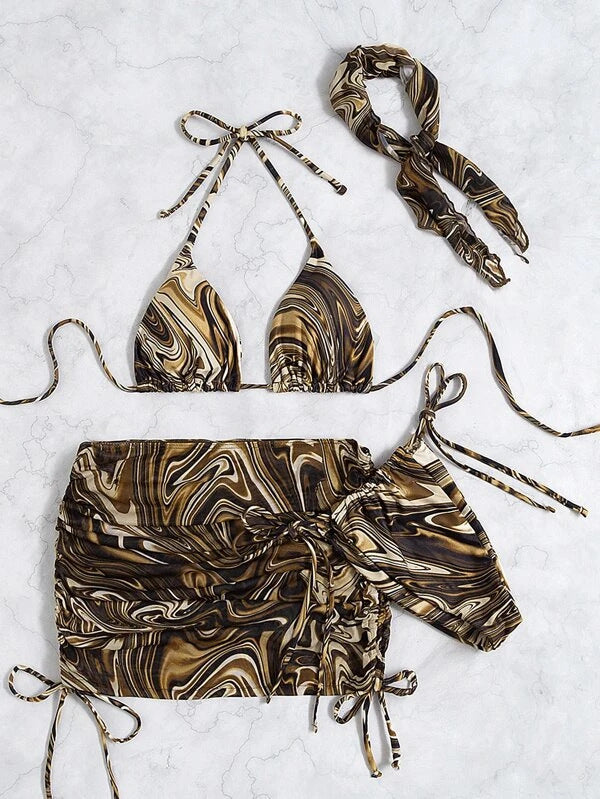 Damen Dreiteiliges Badeset mit marbled Muster Echo Archiv