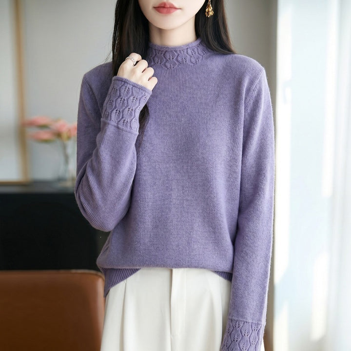 Damen Mockneck-Feinstrickpullover mit Ajour-Detail an Kragen und Bündchen Echoarchiv