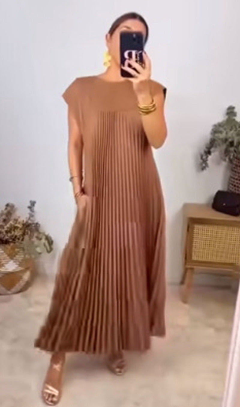 Damen nan fließendes plissiertes Maxikleid mit überschnittenen Schultern und Eingrifftaschen Echo Archiv