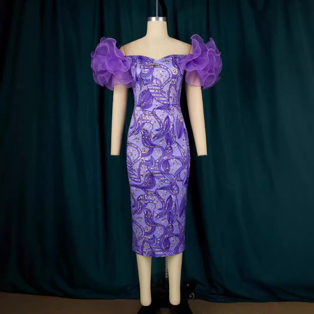 Damen Elegantes Midi-Kleid mit innovativen Puffärmeln und kunstvollem Druck Echo Archiv