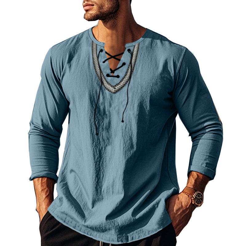 Herren Langarm-Henley-Shirt mit dekorativer Schnürung und lässigem Schnitt Echoarchiv
