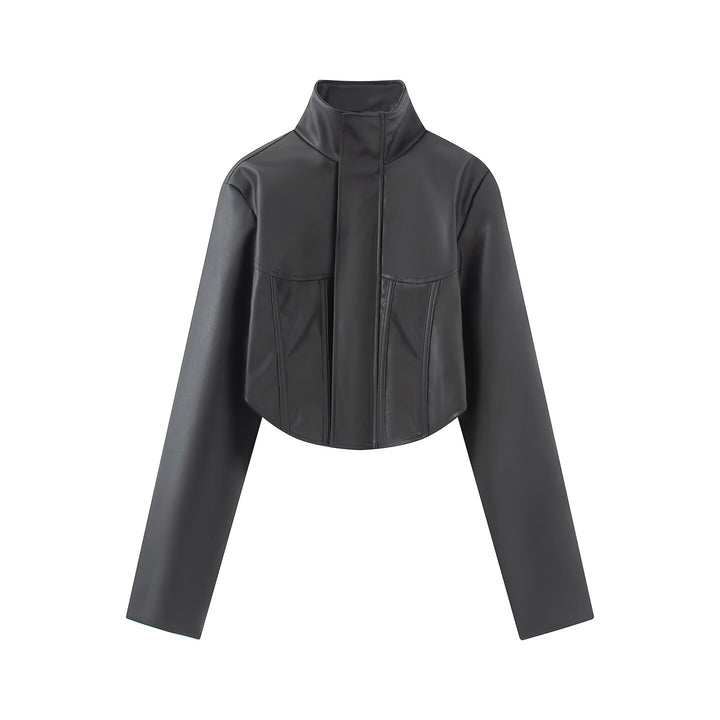 Damen Kurze Lederoptik-Jacke mit Korsagennaht und Stehkragen Echo Archiv