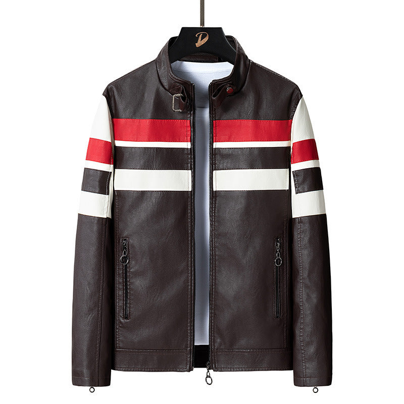 Herren Retro‑Racer Kunstlederblouson mit Stehkragen, kontrastierenden Streifen und Zwei‑Wege‑Reißverschluss Echo Archiv