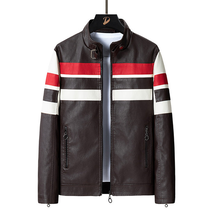 Herren Retro‑Racer Kunstlederblouson mit Stehkragen, kontrastierenden Streifen und Zwei‑Wege‑Reißverschluss Echo Archiv