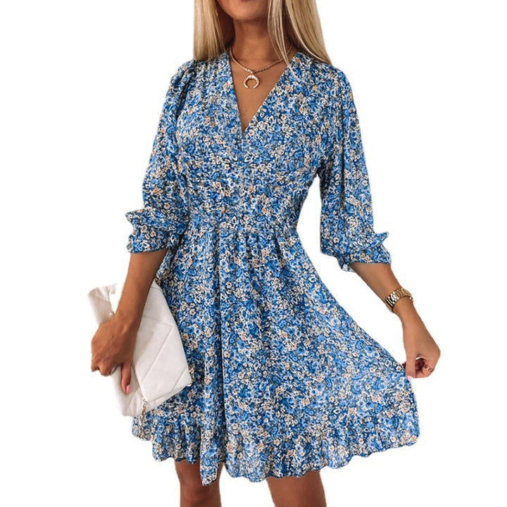 Damen Leichtes Blumen-Minikleid mit V-Ausschnitt, geraffter Taille und Volantbesatz Echoarchiv