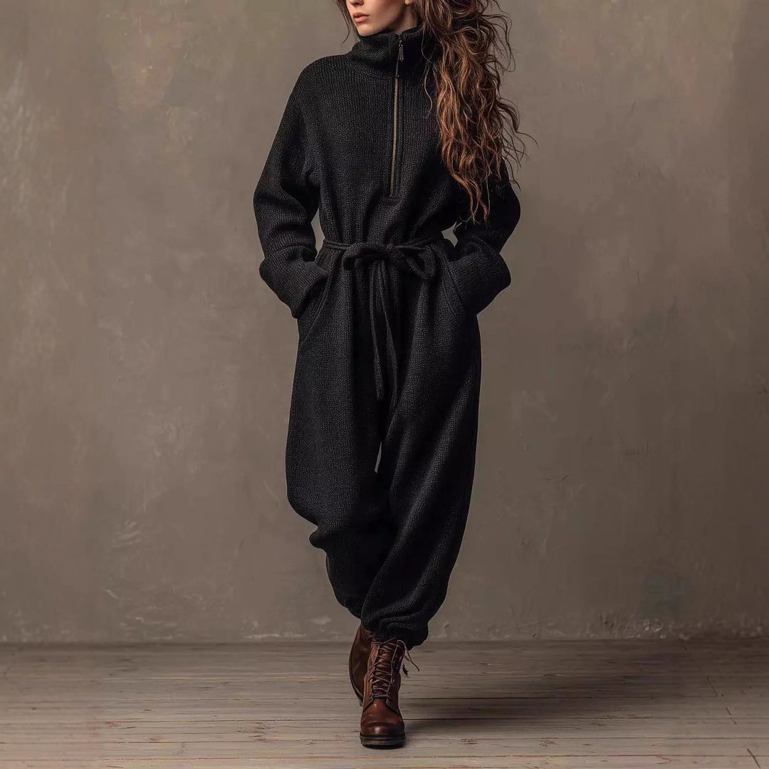 Damen Bouclé-Einteiler mit halbem Reißverschluss, Taillengürtel und weitem Bein – Solévia