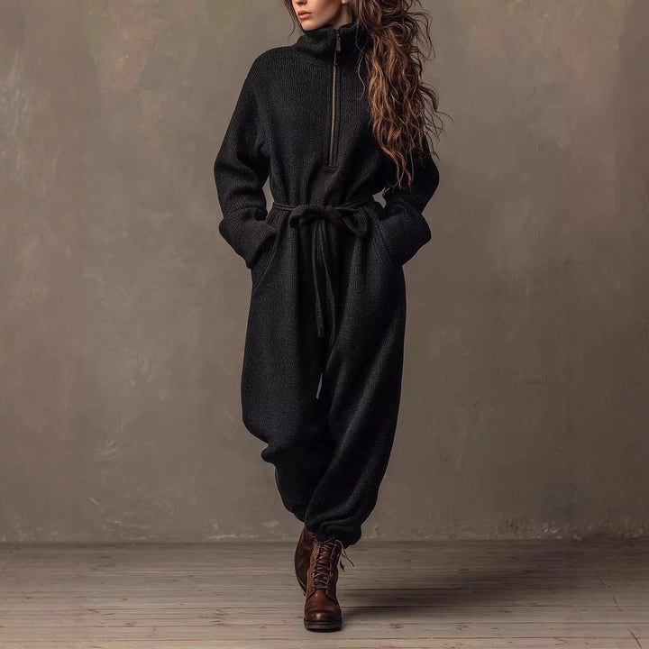 Damen Bouclé-Einteiler mit halbem Reißverschluss, Taillengürtel und weitem Bein – Solévia