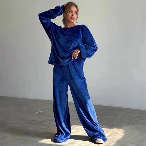 Damen luxuriöses Samt-Relax-Set mit Oversize-Crewneck und hochgeschnittener Gummibund-Jogger – Avérine
