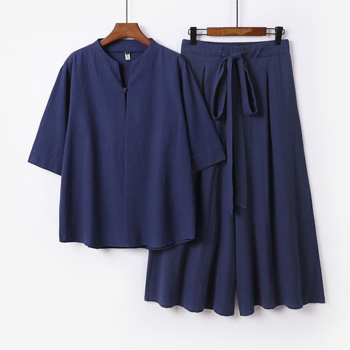 Damen Lässiges Leinen-Viskose Lounge-Set mit Stehkragen-Oberteil und weiten Palazzo-Hose Echoarchiv