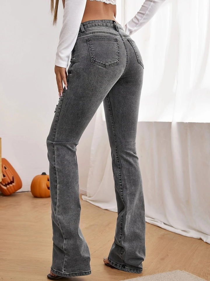 Damen Taillenhohe ausgestellte Jeans mit Perlenapplikation und formendem Bund Echo Archiv