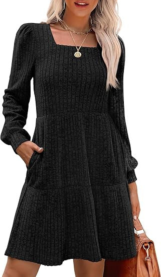 Damen Gestricktes A‑Linien‑Minikleid mit quadratischem Ausschnitt, Stufenrock und Eingrifftaschen – Élara