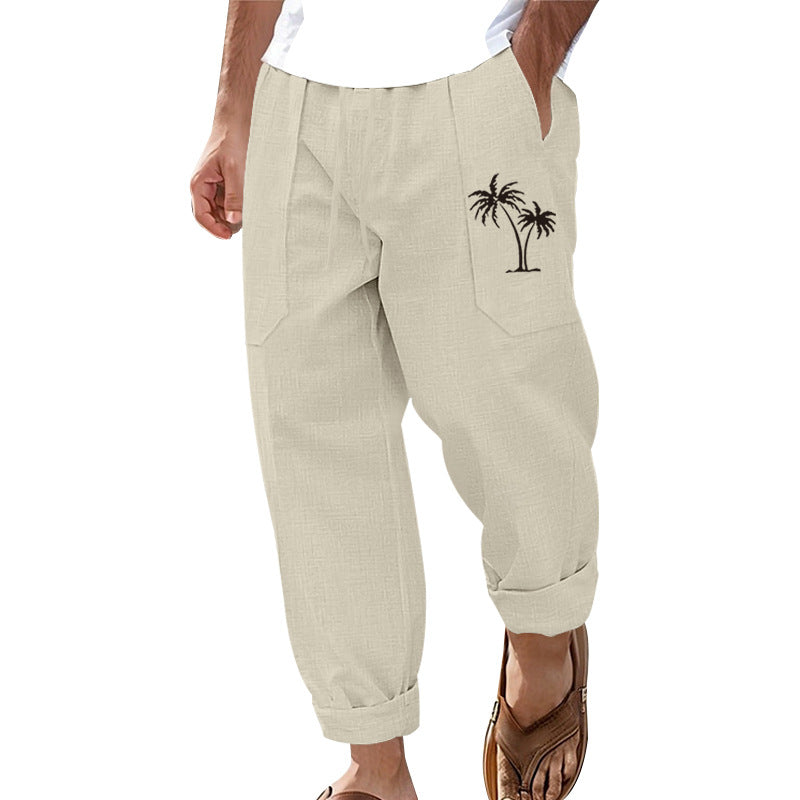 Herren lässige Leinenhose mit seitlichen Taschen und palmenmotivischem Druck Echoarchiv