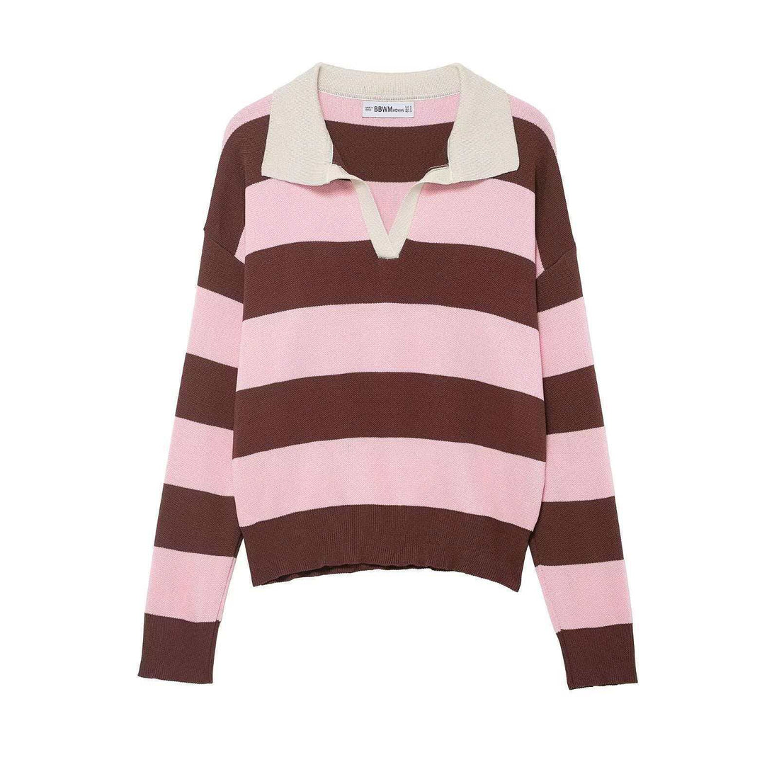 Damen gestreifter Rugby-Strickpullover mit Polokragen und weiter Oversize-Passform – Mavelle