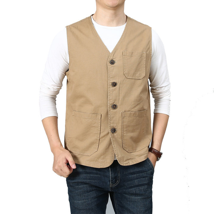 Unisex Canvas-Utility-Weste mit gestreiftem Innenfutter, aufgesetzten Taschen und Knopfverschluss – Marzano