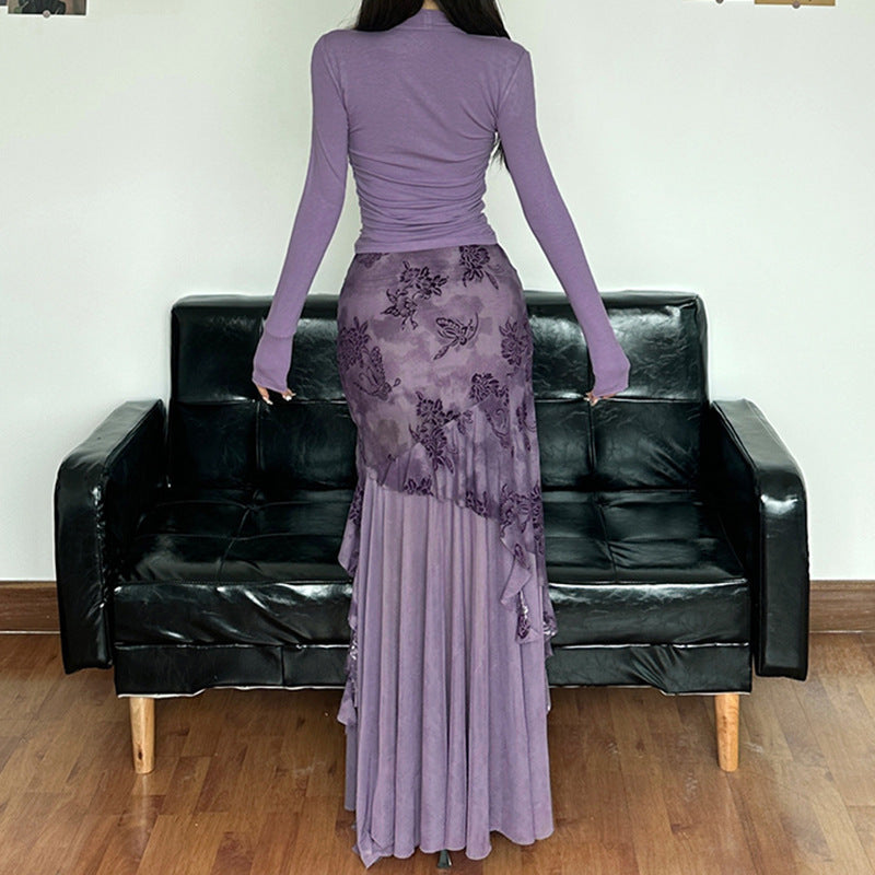 Damen eleganter asymmetrischer Maxirock mit floralen Verzierungen Echo Archiv
