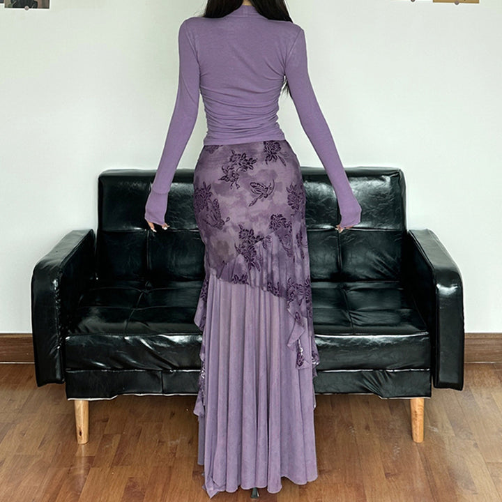 Damen eleganter asymmetrischer Maxirock mit floralen Verzierungen Echo Archiv