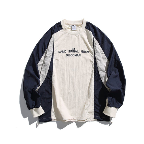 Unisex Weitgeschnittenes Retro-Sportliches Langarmshirt mit Kontrastpaneelen und Kordelzugsaum Echo Archiv