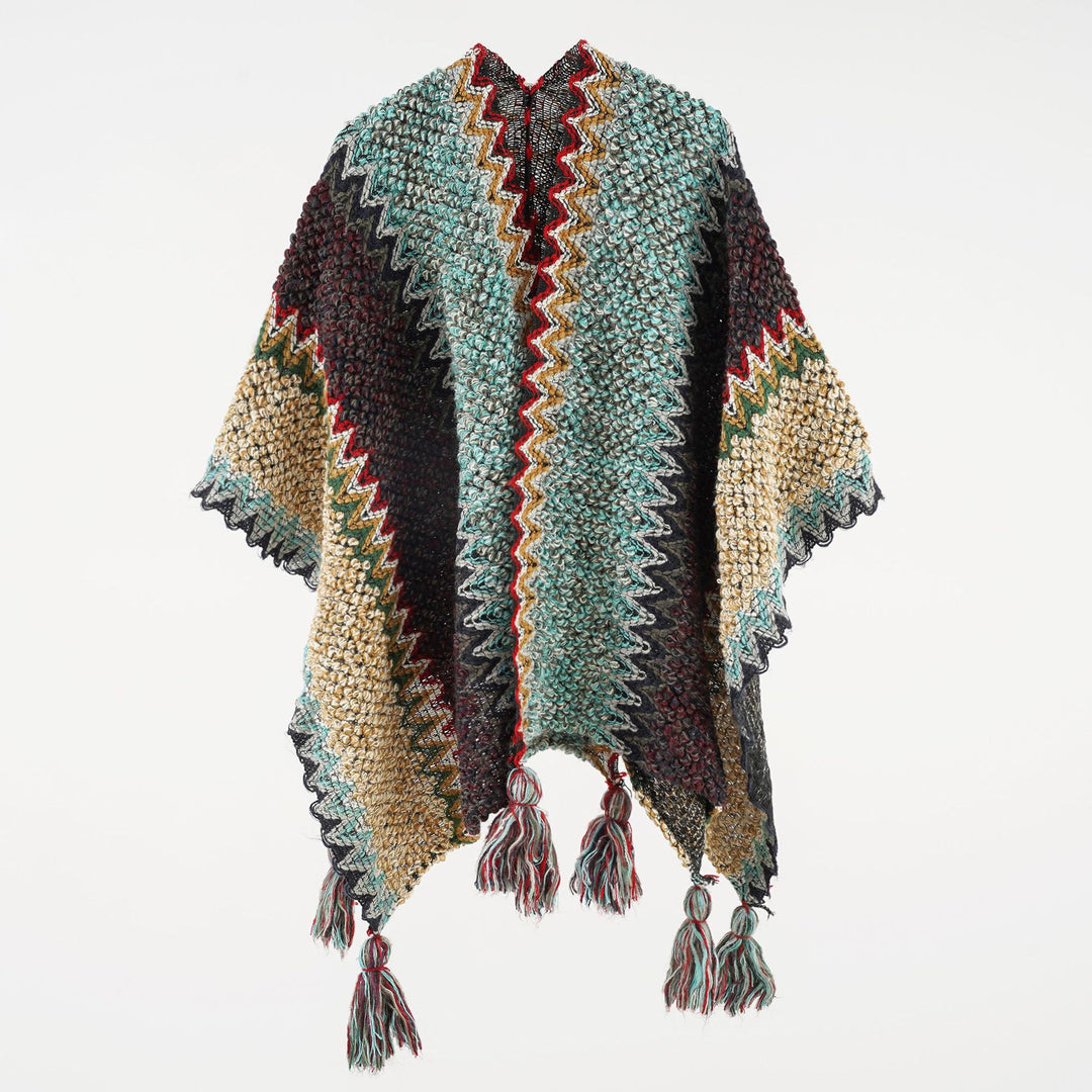 Damen Kurzponcho aus Bouclé-Strick mit Zickzack-Jacquard und Quasten – Avérine
