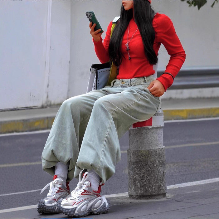 Damen weite High‑Waist Baggy-Jeans mit tiefem Schritt und Vintage-Waschung Echo Archiv
