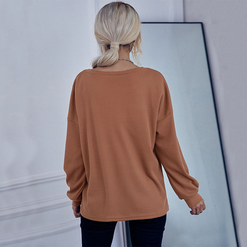 Damen Waffelstrick-Pullover mit Henley-Knopfleiste und überschnittener Schulter Echoarchiv