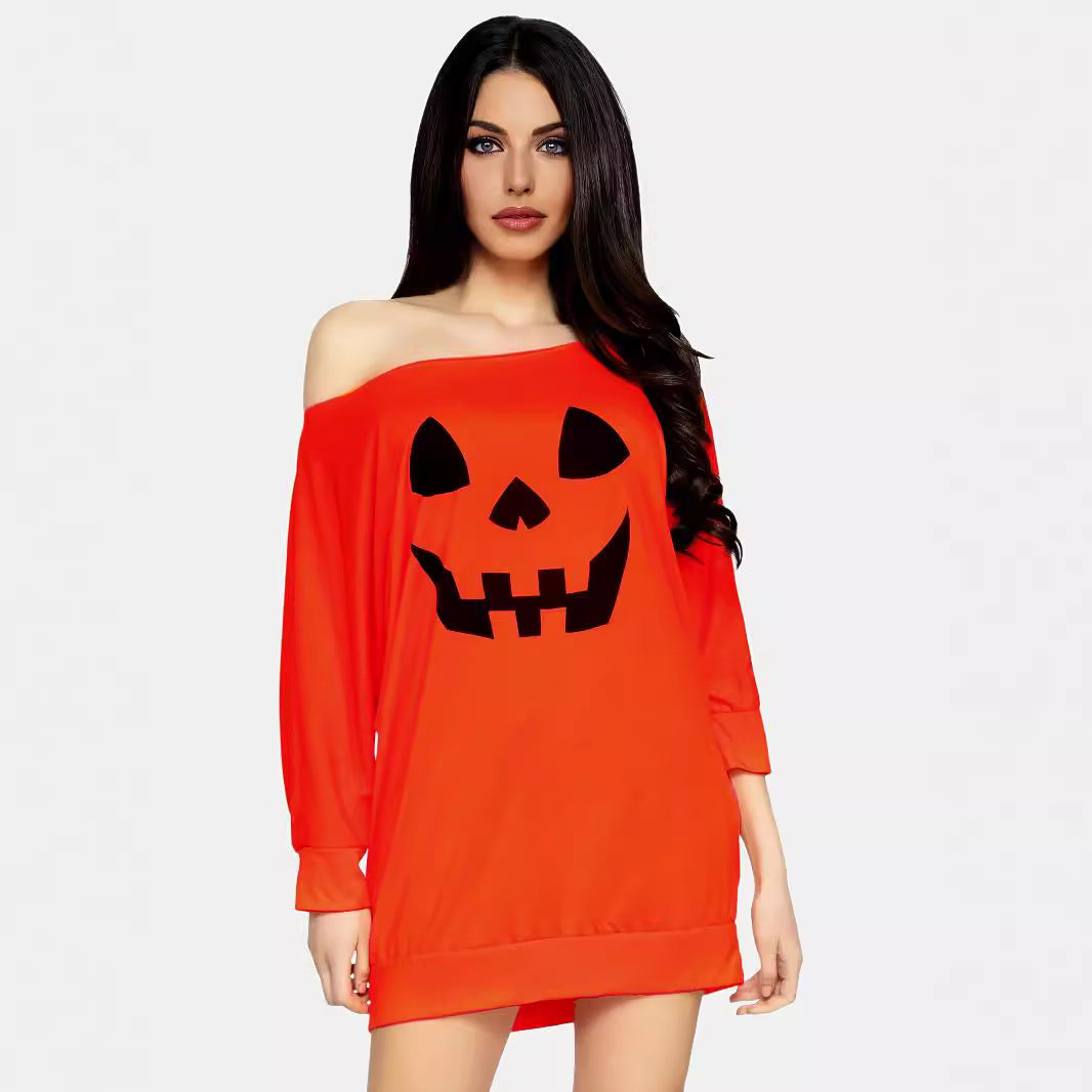 Damen Oversize Off-Shoulder Strickpullover mit Halloween-Kürbismotiv Echo Archiv
