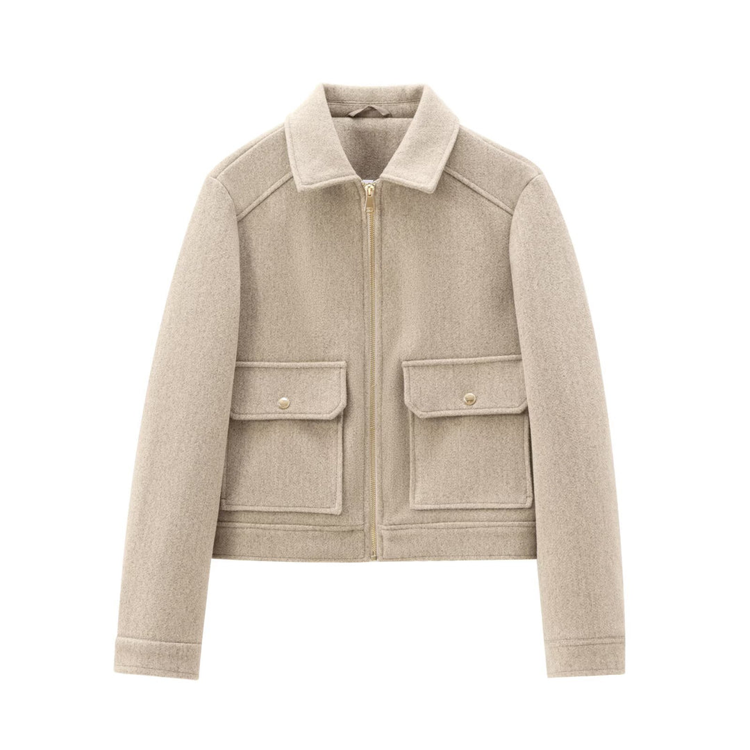 Damen Kurze Wollimitat-Fieldjacke mit durchgehendem Reißverschluss und vier aufgesetzten Pattentaschen Echo Archiv