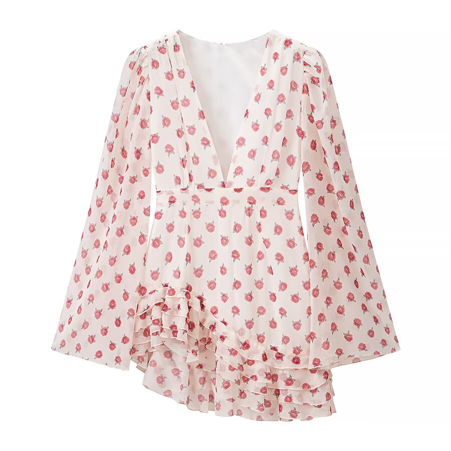 Damen Fließende Chiffonbluse mit floralem Print, tiefem V-Ausschnitt und Volantstufen Echo Archiv