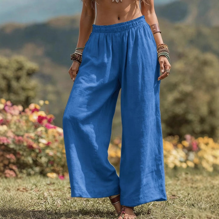 Damen Weite Leinenoptik Palazzo‑Hose mit elastischem Bund und Taschen Echoarchiv