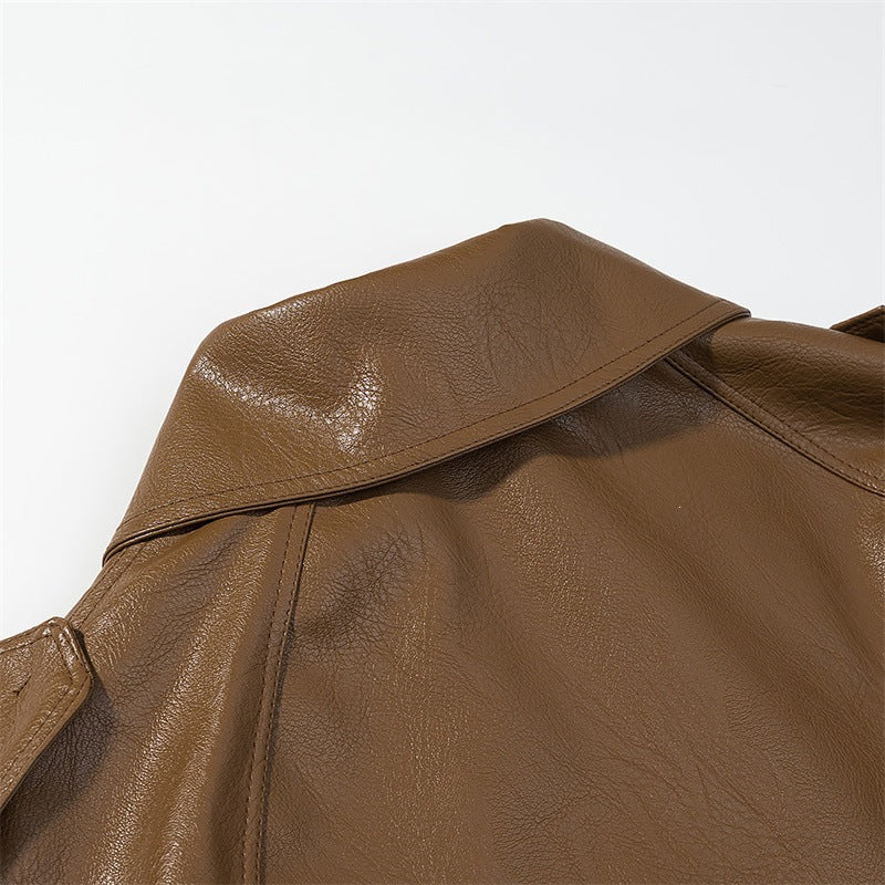 Damen Cropped Kunstleder-Trenchjacke mit Taillengürtel, Doppelreiher und Schulterklappen Echo Archiv