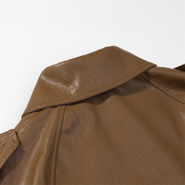 Damen Cropped Kunstleder-Trenchjacke mit Taillengürtel, Doppelreiher und Schulterklappen Echo Archiv