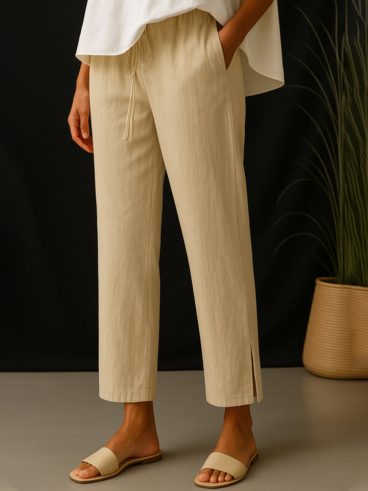 Damen Casual-Chino Leinenoptik Culotte mit elastischem Tunnelzugbund und Eingrifftaschen – Avélisse