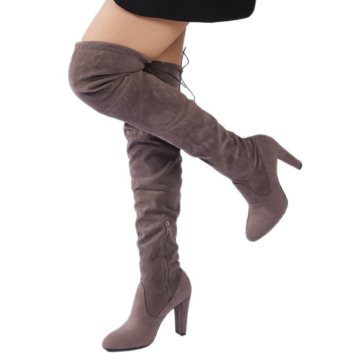 Damen Overknee-Stiefel aus Veloursleder mit hohem Blockabsatz und seitlichem Reißverschluss – Lioré