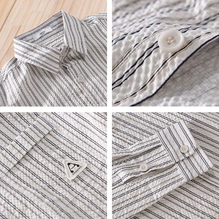 Herren Leichtes gestreiftes Baumwoll‑Leinen Layering‑Overshirt mit Kentkragen, Brusttasche und Crinkle‑Struktur Echoarchiv