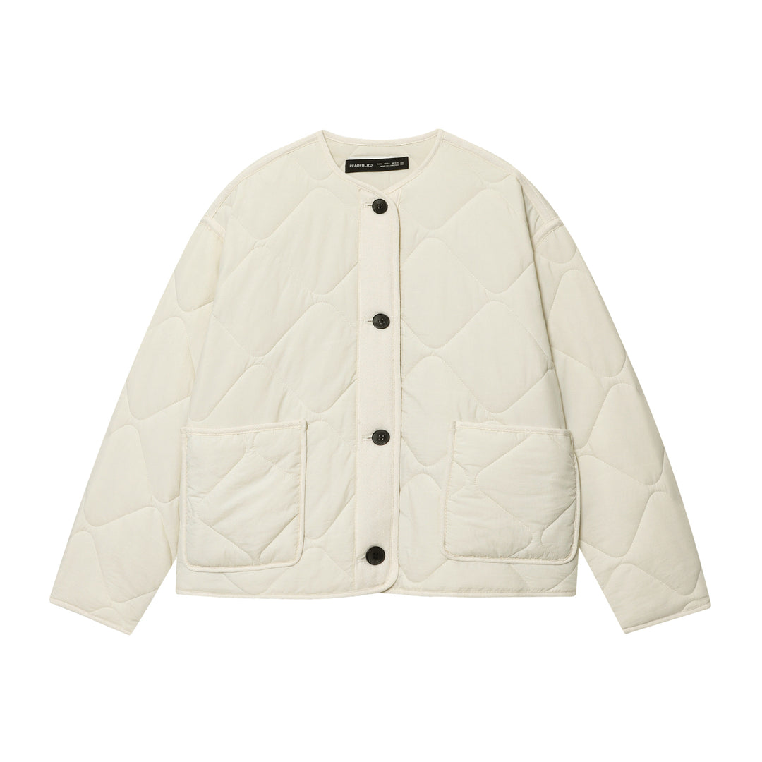 Damen gesteppte Cardigan‑Jacke mit Rautenstepp, Rundhals und aufgesetzten Taschen – Célinea