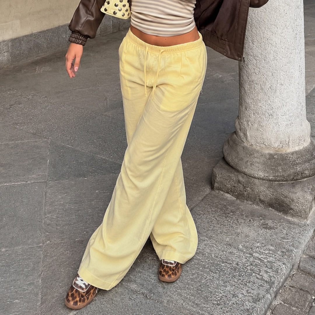 Damen Leinen-Loungehose mit weitem Bein, Tunnelzug und Seitentaschen – Avélisse
