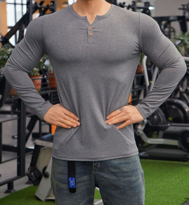 Herren Langarm Henley-Shirt mit strukturiertem Rippdesign Echoarchiv