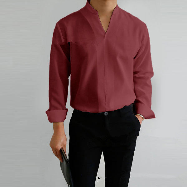 Herren Langarmhemd im modernen Mandarin-Kragen-Stil mit eleganter Knopfblende Echoarchiv
