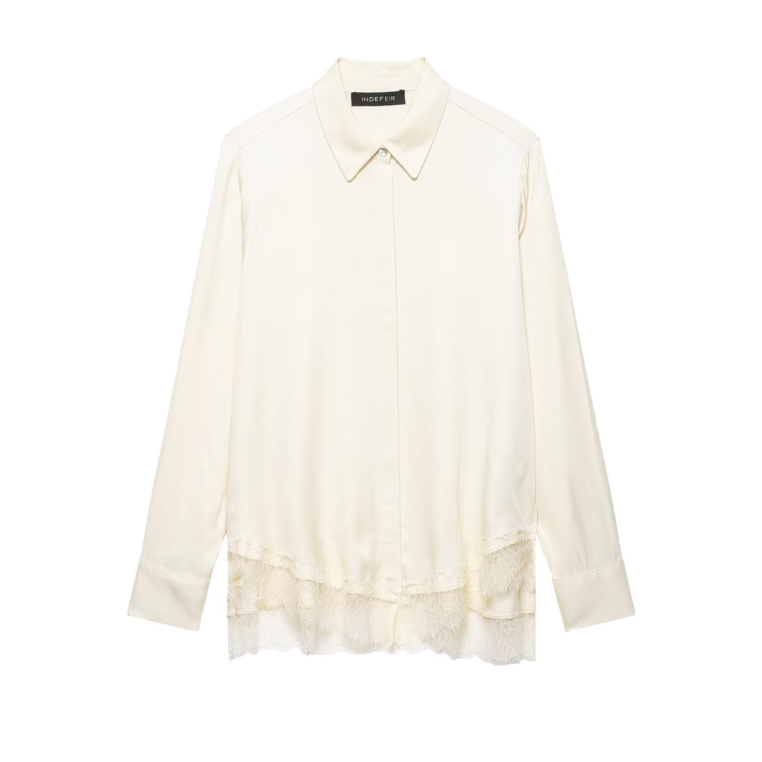 Damen Seidenähnliche Bluse mit verdeckter Knopfleiste und Spitzenbesatz Echoarchiv