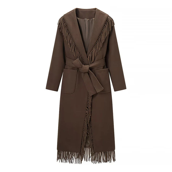 Damen langer Fransenmantel mit voluminösem Schalkragen, Taillengürtel und aufgesetzten Taschen – Montévia