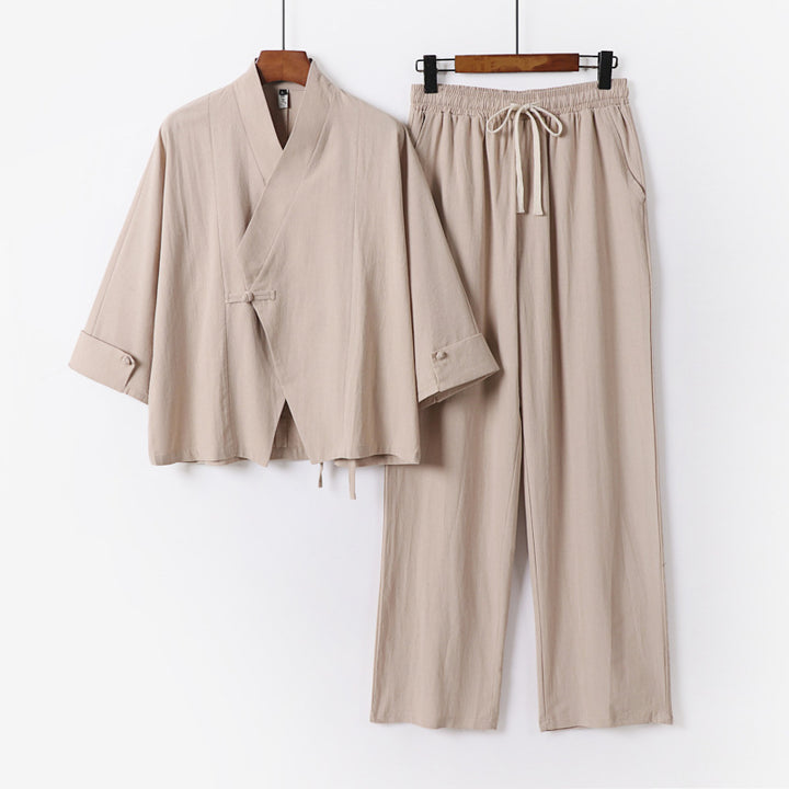 Unisex Leichtes Zen-Lounge-Set im Kimono-Stil mit überschnittener Schulter verdeckter Knotenleiste und elastischer Tunnelzughose Echoarchiv